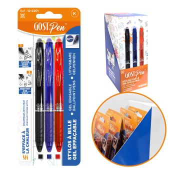 Set de 3 stylos à bille gel effaçables 0,7 mm – Noir, Marine, Rouge